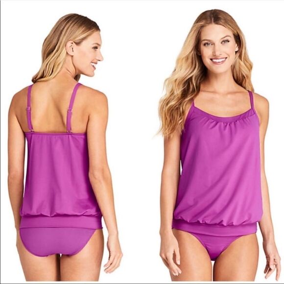 Land’s End Blouson tankini top adjustable strap soft cup Barbie Violet Pink 4 - Picture 4 of 4